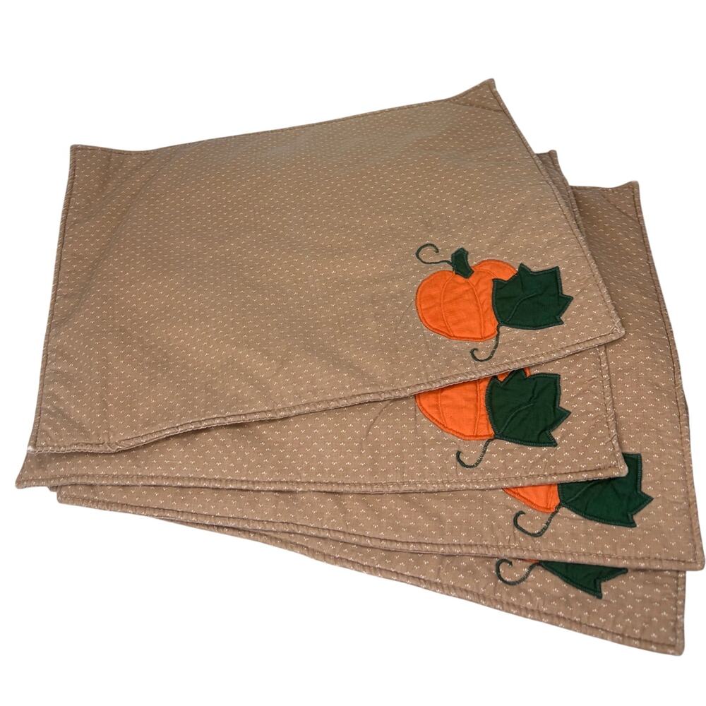 🧡 4 Fall Pumpkin Quilted Placemats, Autumn Thanksgiving Orange Brown Halloween